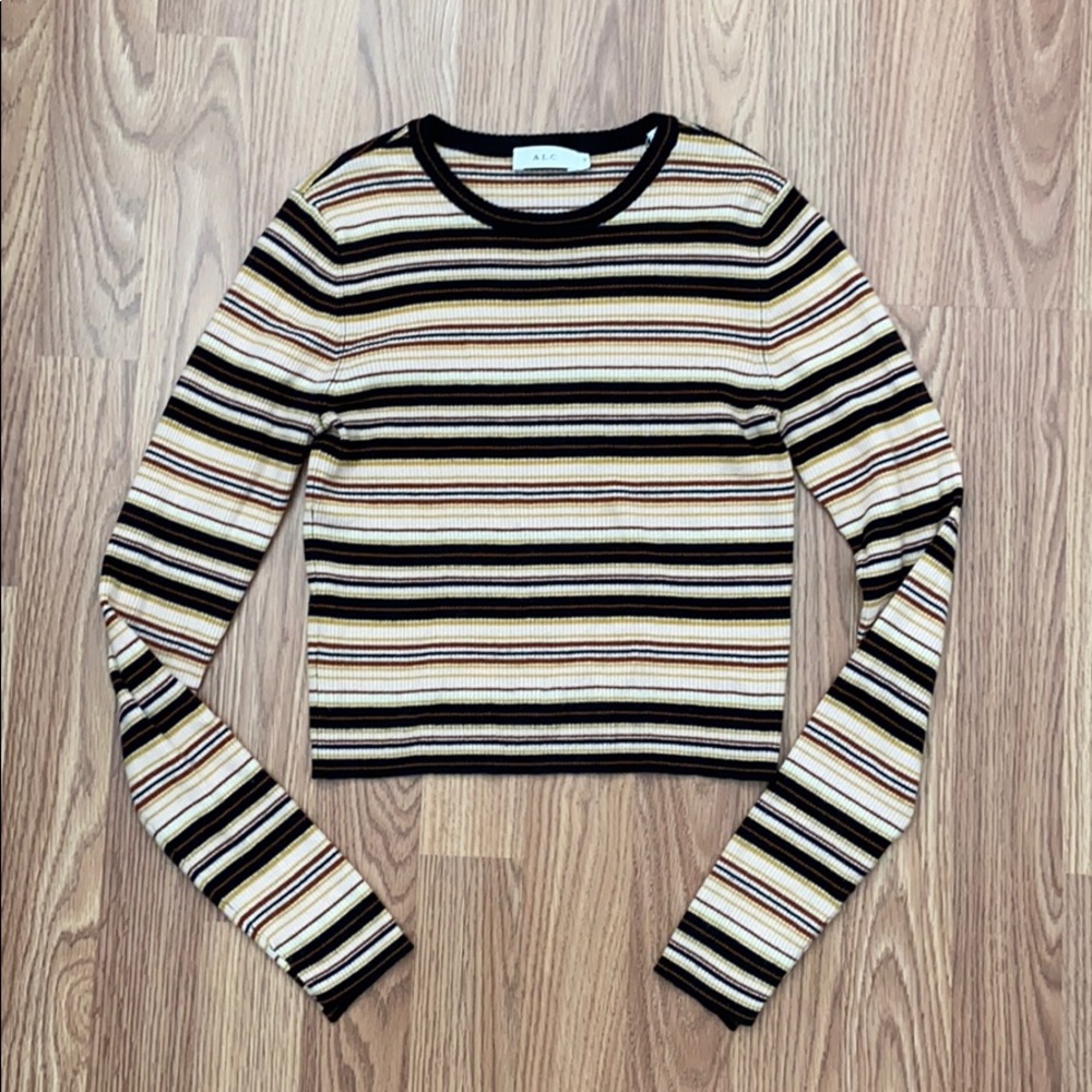 ALC Cropped Striped Neutral Ribbed Long sleeve Top